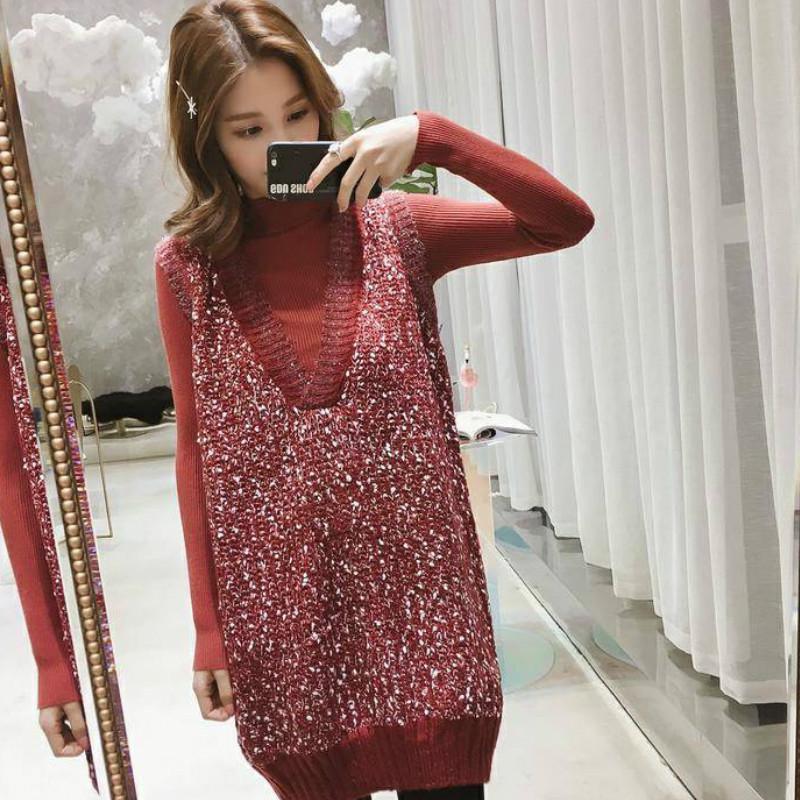Women Chic Mid-length Loose V-neck Tank Top Sweater Knitted Bright Silk Vest Skirt Dress