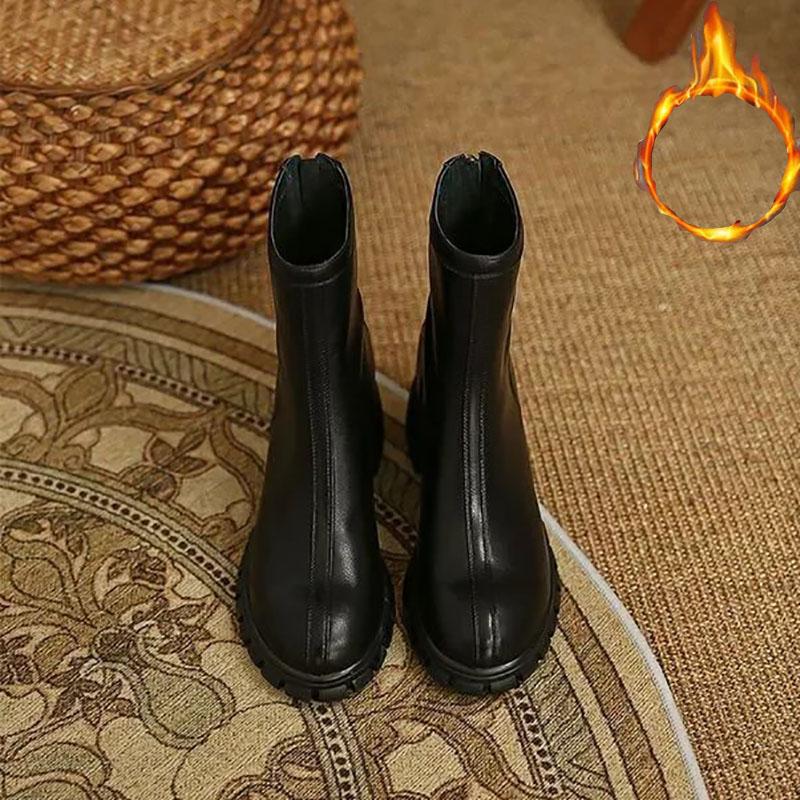 Martin Boots Woman Round Head Retro Boots Black Middle Boots Back Zipper Chelsea Boots Snow Boots Plus Velvet Warm Cotton Boots Winter Boots