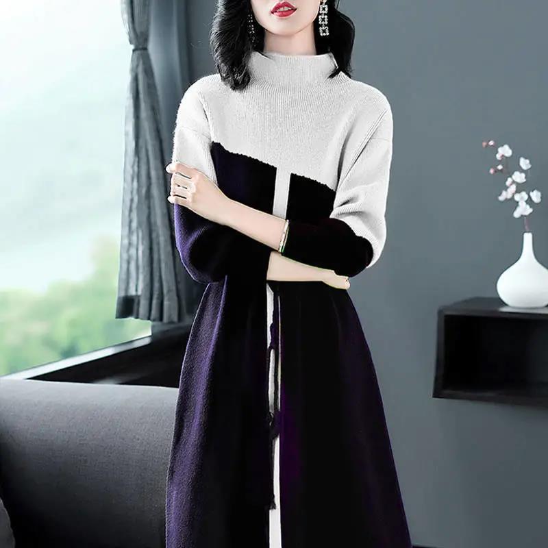 Turtleneck Knitted Dress Women Over The Knee Autumn and Winter Plus Size Loose Mid-length Waist Long-sleeved Bottoming Sweater Dress