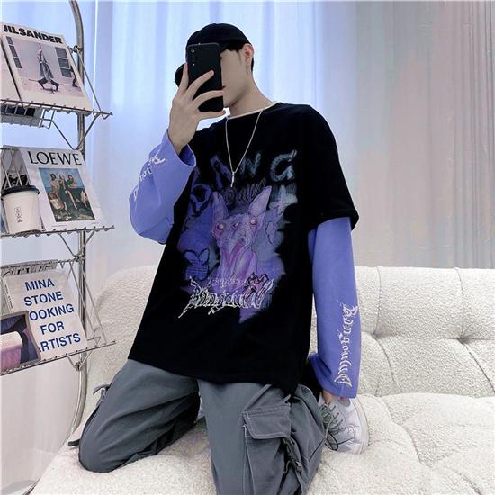 Dark Gothic Long Sleeve T-shirt Unisex Oversized Loose Fake Two Long Sleeve T-shirt Punk Harlan Long T