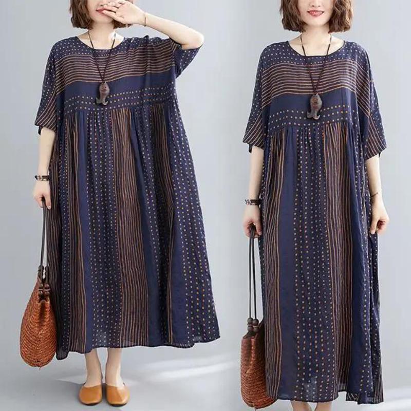 WTEMPO Women Plus Size Dress Summer Short Sleeve Round Neck Long Dress Casual Full Length