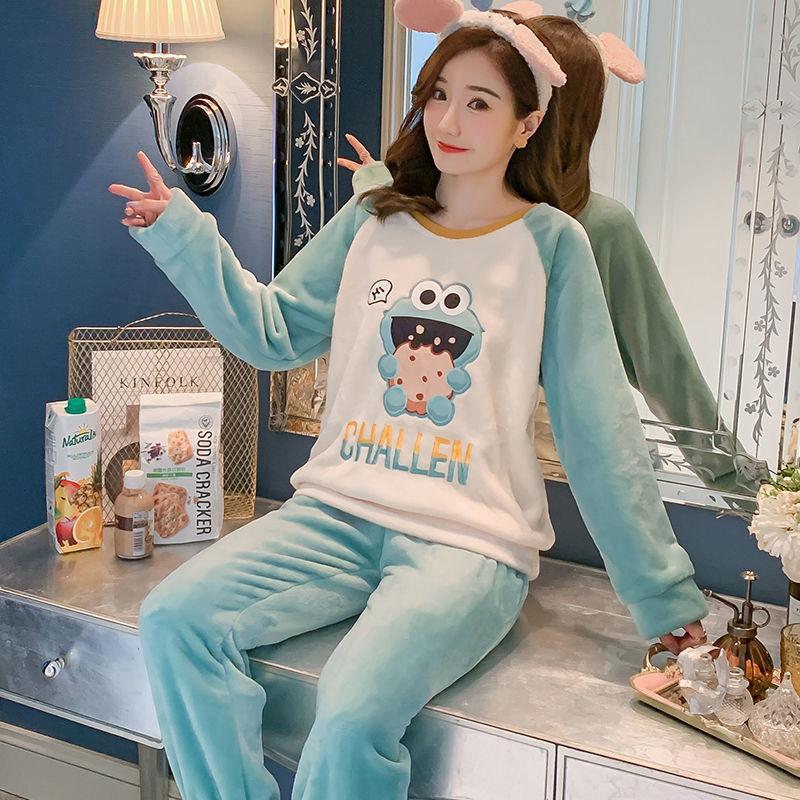 Ladies Autumn/winter Flannel Thickened Pajamas Cute Sweet Warm Coral Fleece Send Storage Bag Home Service