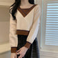 Temperament Short Knit Sweater Women's Spring and Autumn Long-sleeved Sweater Design Niche V-neck Blouse Comfortable Stretch Slim Fit