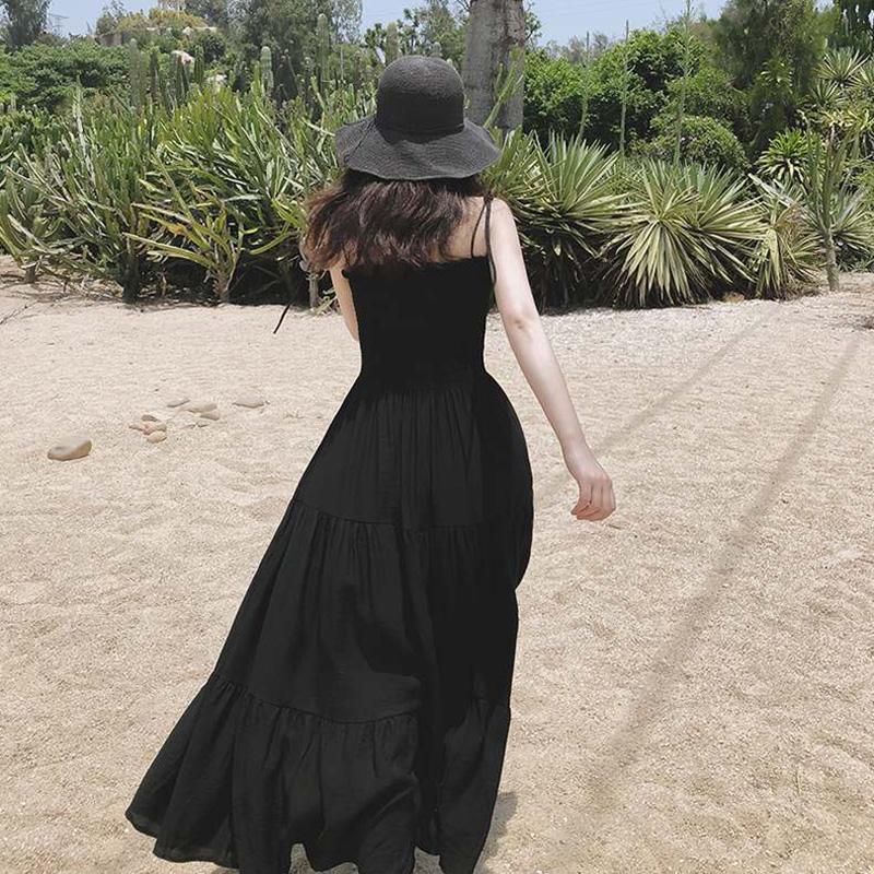 Summer Slim Sling One-shoulder Dress Women's Long Skirt Big Pendulum Little Black Dress Beach Holiday Dress Sexy Cute Dress
