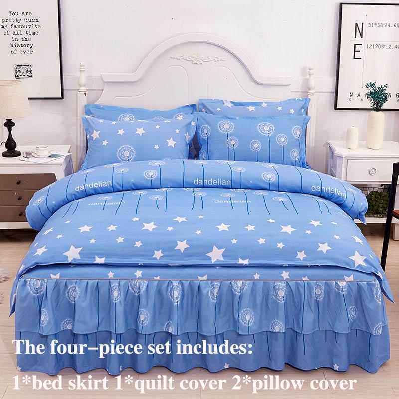 Four-piece Bed Skirt Printed Bedding Skin-friendly Sanding Quilt Cover Pillowcase Bilateral Bed Skirt Set