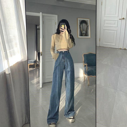 Women's High Waist Retro Denim Mopping Pants Are Thin and Tall Jeans Loose Straight Wide Leg Drape Hyuna Style Trousers