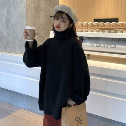 Winter Thick Solid Color Turtleneck Sweater Women Loose Pullover Wild Split Knit Jacket