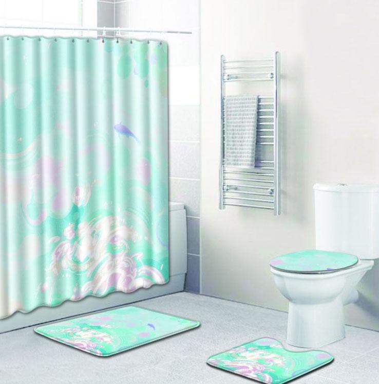 4-piece Shower Curtain and Cushion Bathroom Set Shower Curtain Non-slip Bath Mat Toilet Seat Cover Carpet Home Decor