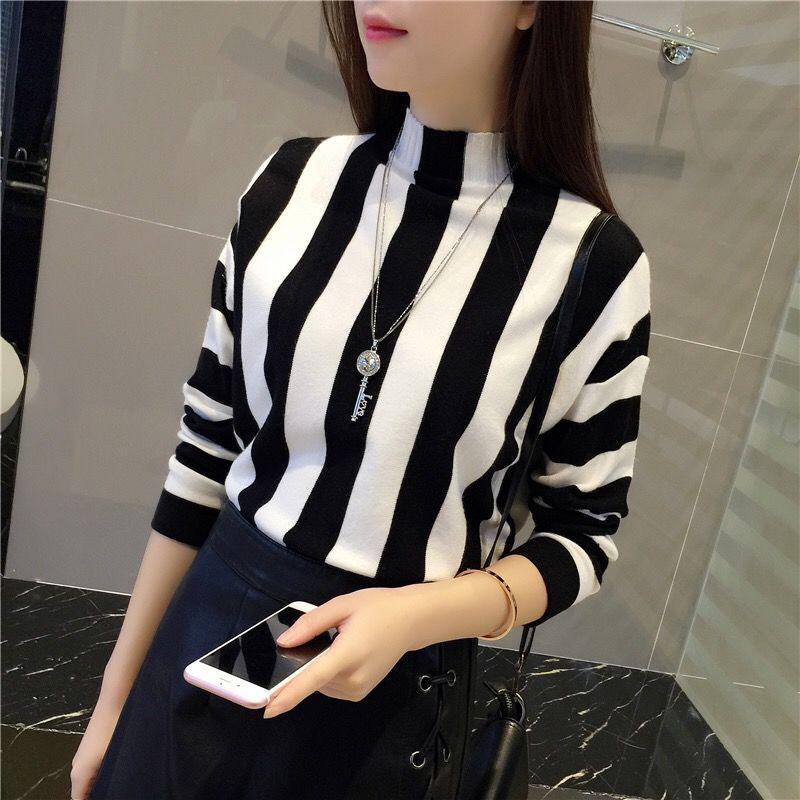Rainbow Stripe Sweater Contrast Knitted Pullover Long Sleeve Turtleneck Knitwear Slim Women Jumper