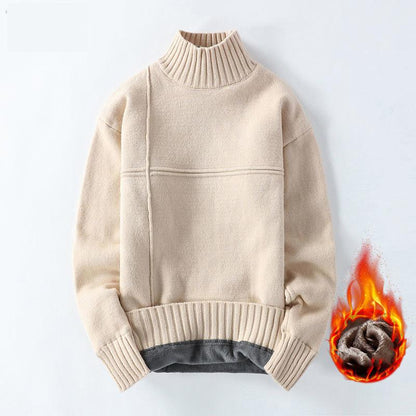 Men's Sweater Half Turtleneck Plus Fleece Thickening Autumn and Winter Youth Slim Trend Pullover Sweater