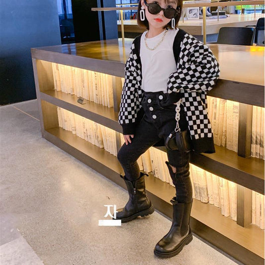Spring and Autumn Children's Wear Long Sleeve Knit Cardigan Fashion Check Loose Sweater Jacket