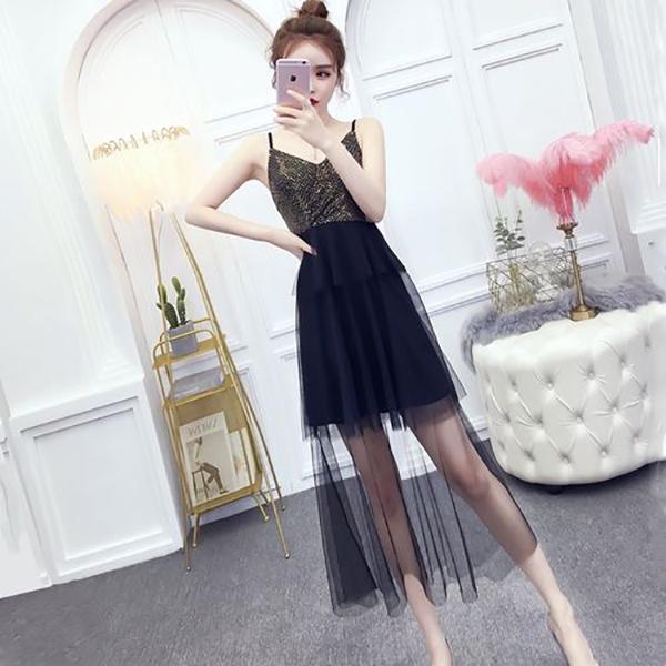 2020 Summer Dress Women's Leakage Back Sexy Sequin Dress Mesh Suspender Dress Super Fairy Cake Dress