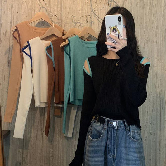 Autumn Loose Knit Sweater Women's Student Off-shoulder Long-sleeved Sweater White Bottoming Clothes
