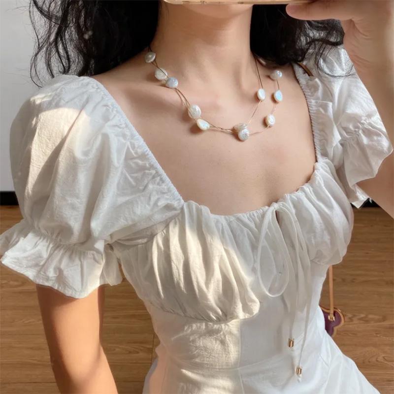 White Dress French Palace Style Retro Square Neck Puff Sleeve Holiday Skirt Women's Slim S-L Size