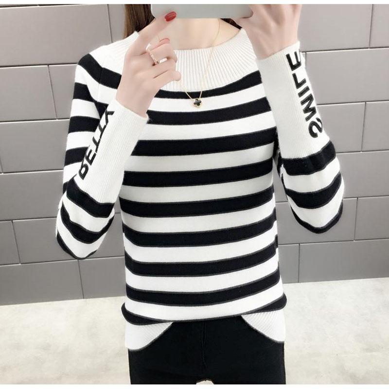 Striped Pattern Sweater Knit Slim Pullover Top for Autumn and Winter Women's Bottoming Shirt