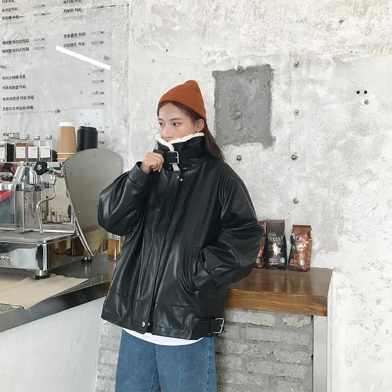 Women Winter Coat Loose Warm Faux Fur Collar Flocking Leather Jacket Windproof  Short Black PU Leather Jacket