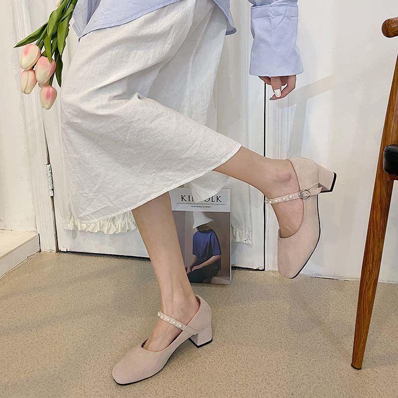 Square-toed Single Shoes Women's Wild Fashion Pumps Autumn Girl Thick-heeled French High Heels