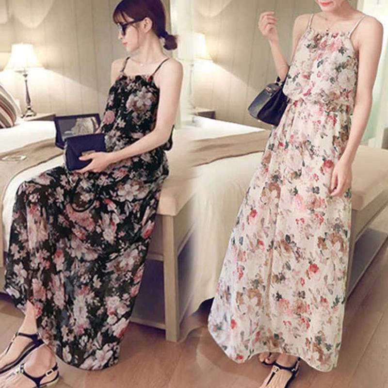 Fashion Sweet Beach Backless Dress Boho Long Floral Dress Women's Summer Camisole Dress Women