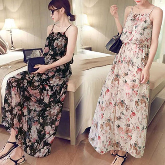 Fashion Sweet Beach Backless Dress Boho Long Floral Dress Women's Summer Camisole Dress Women
