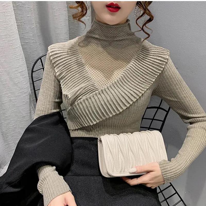 Ruffled Half Turtleneck Sweater Women  Autumn  Winter Wear Lace Style Self-cultivation Hollow Knit Bottoming Shirt Top