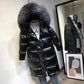 Winter Down Jacket Women Mid-length Over The Knee Blue Shiny Large Fur Collar Thick