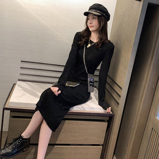 Fashion Black Long Skirt Women's Dress Winter Thin Long Sleeve Bottoming Dress Female
