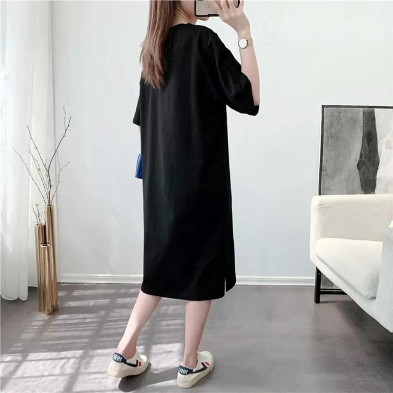 Cotton Simple Style Women's Summer Dress Short Sleeve Round Neck Solid Color Knee-length Daily Wear