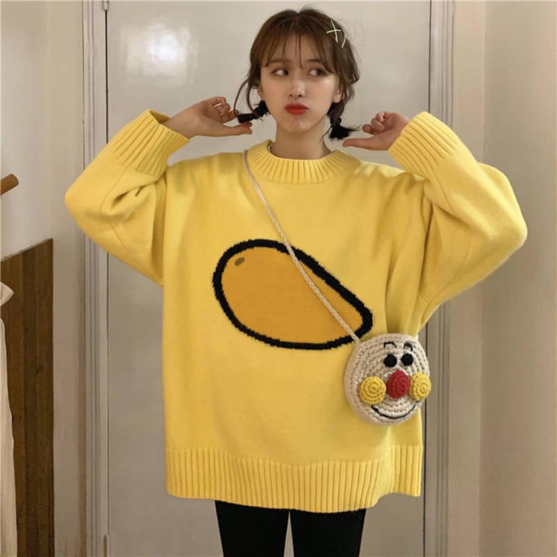 Autumn Winter Small Fresh Interesting Fruit Jacquard Short Outer Wear Sweater Cartoon Sweater Loose Thick Long Sleeved Pullover Sweater