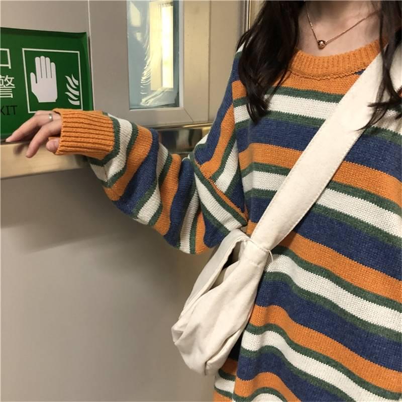 Pofulove Long Contrast Color Striped Sweet Pullover Sweater Sweater Women Sweater Autumn and Winter