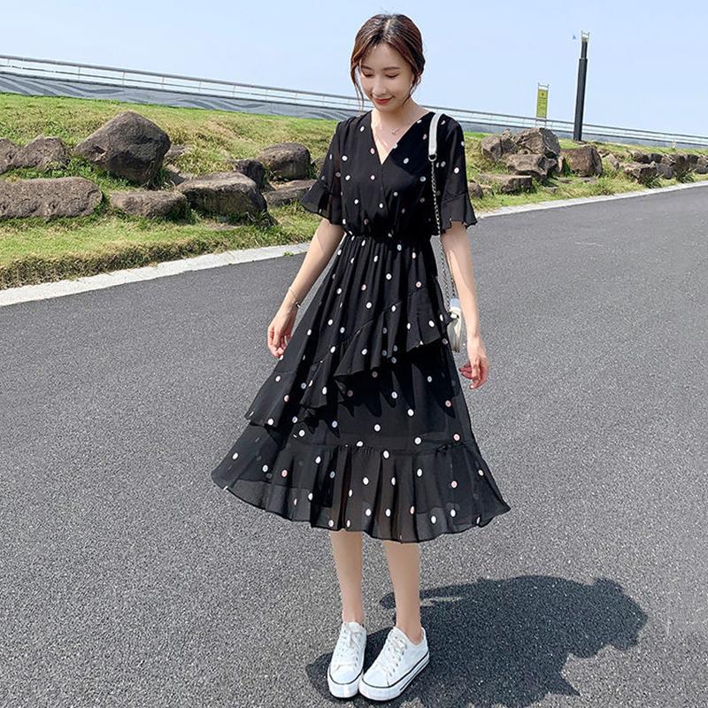 Ruffle Polka Dot Chiffon Dress Women's Short Trumpet Sleeve V-Neck Knee-length Daily Dating Party Office Wear