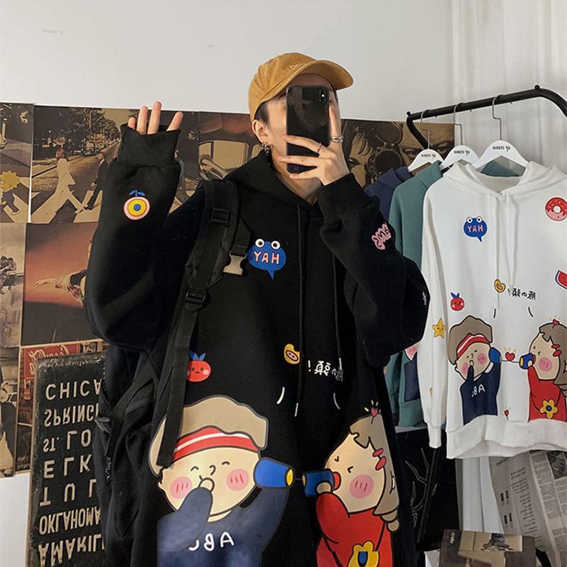 Autumn and Winter Cartoon Loose Hooded Sweater Men's Couple Print Pullover Jacket Student