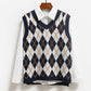 Checked Sleeveless Sweater Loose Student College Style Knitted Sweater Tank Tops for Women
