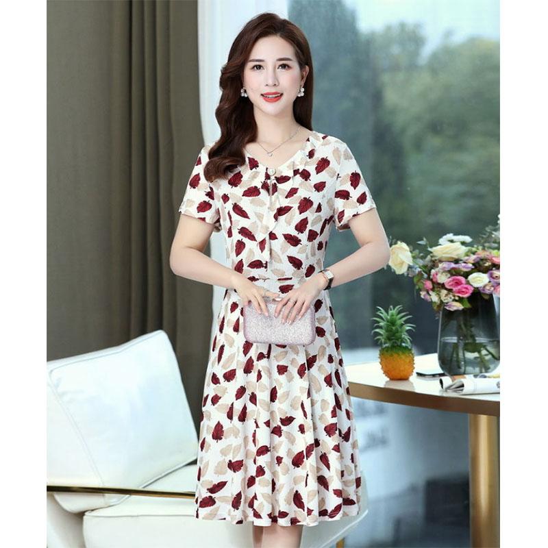 Women's Mid-length Skirt Floral Dress Middle-aged and Elderly Short-sleeved Large Size Loose and Thin Mother Long Skirt
