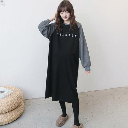 Spring and Autumn Maternity Sweatshirt Mid-length Loose Large Size Dress Long Sleeve Splicing Color Top