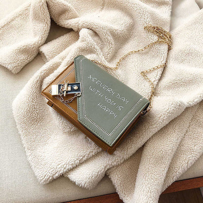 Women PU Box Bag Chain Letters Clutch Purse Shoulder Crossbody Bags Contrasting Color Stitching Design
