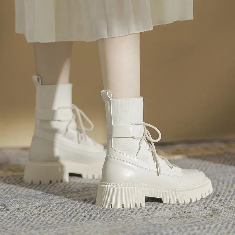 Autumn Winter Women's Boots Black White Ankle Boots Knit PU Leather Short Booties Woman Fall Shoes Punk Goth Shoes