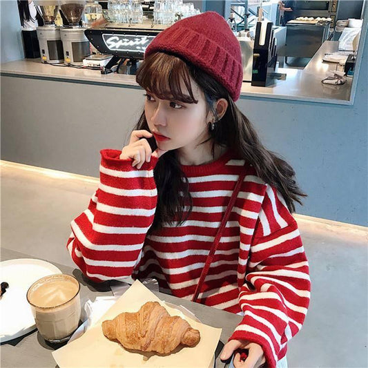 Red/Coffee/black Striped Loose Striped Stretch Sweater Long Sleeve Round Neck Mesh Sweater Women