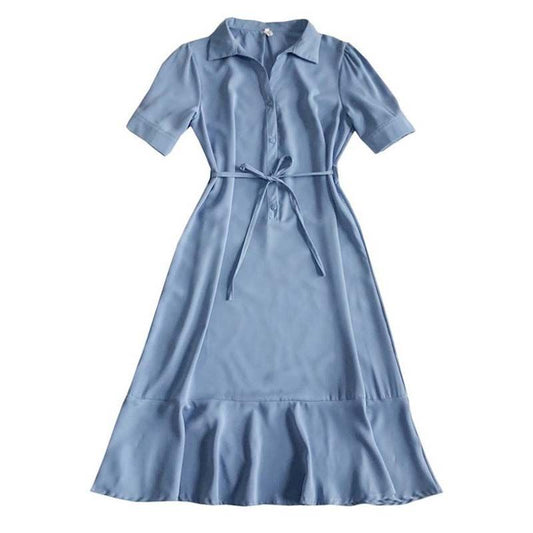 Female Shirt Chiffon Casual Dress High Waist Elegant Medium Length Vacation Dress Slim Vintage Holiday Dress