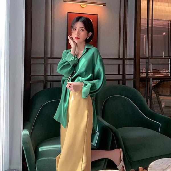 Women's Spring Autumn Shiny Shirts Large Size Vintage Lapel Mid-length Blouses Casual Loose Long Sleeve Shirts