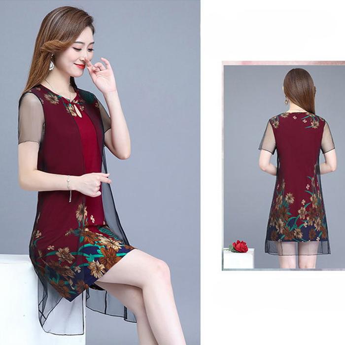 XL-XXXXXL Middle-aged Women Summer Printed Plus Size Skirt Mother's Dress Mid-length Imitation Silk Chiffon Yarn