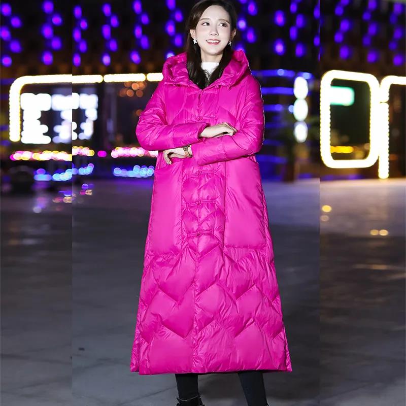 Long Down Jacket Retro Literary Print Hooded Cotton Jacket Lengthened Thick Loose Slit Windbreaker Jacket