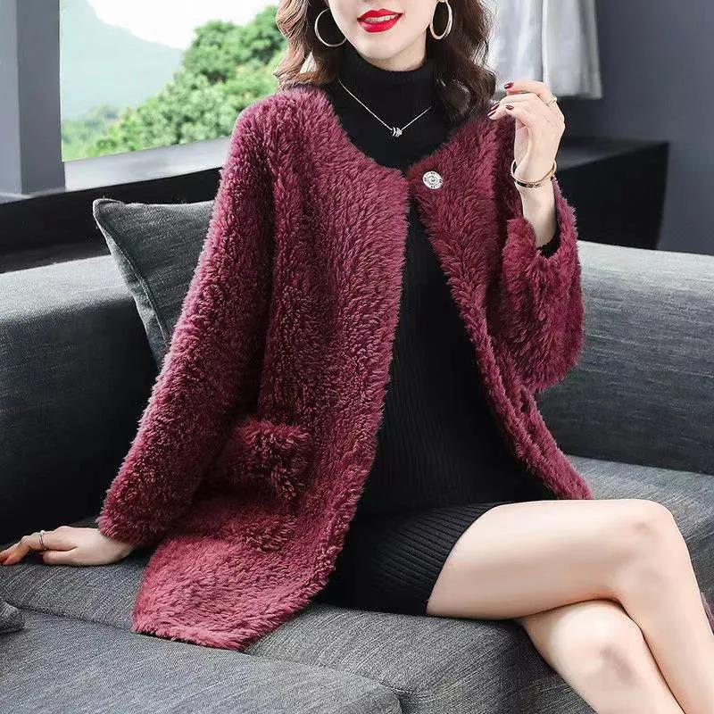 Faux Lamb Fur Coat Women's Mid-length Stitching Faux Fur Korean Style Loose Large Fur Collar Hooded Jacket