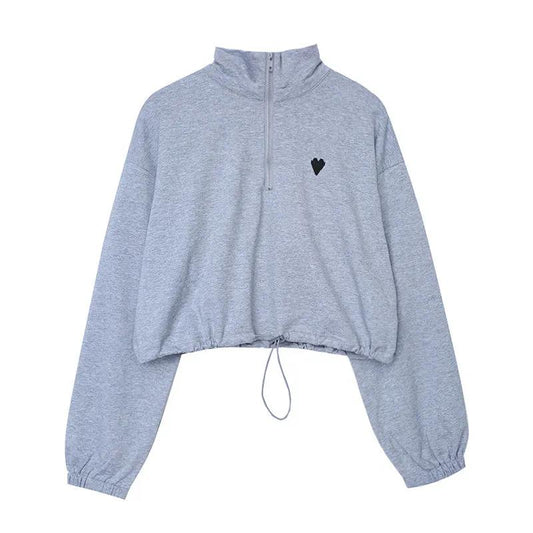 Short Drawstring Stand-up Collar Sweater Jacket Women Autumn Korean Loose All-match Sports Top