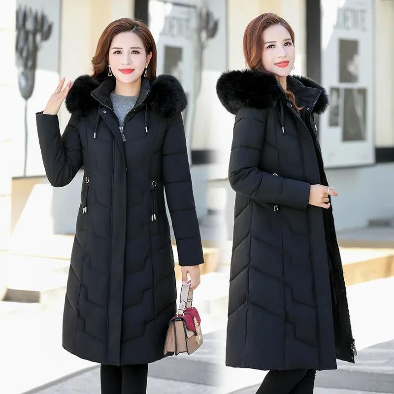 Winter Women Long Jacket Warm Jackets Thickening Coats Fur Collar Hooded Coat Down Jacket Parkas for Women Casual Solid Color Outerwear
