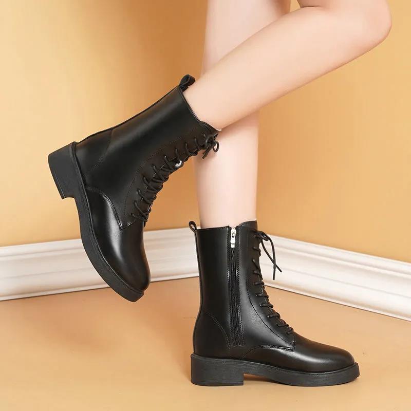 Winter Warm and Velvet British Style Martin Boots Women's All-match Front Lace-up Shoes