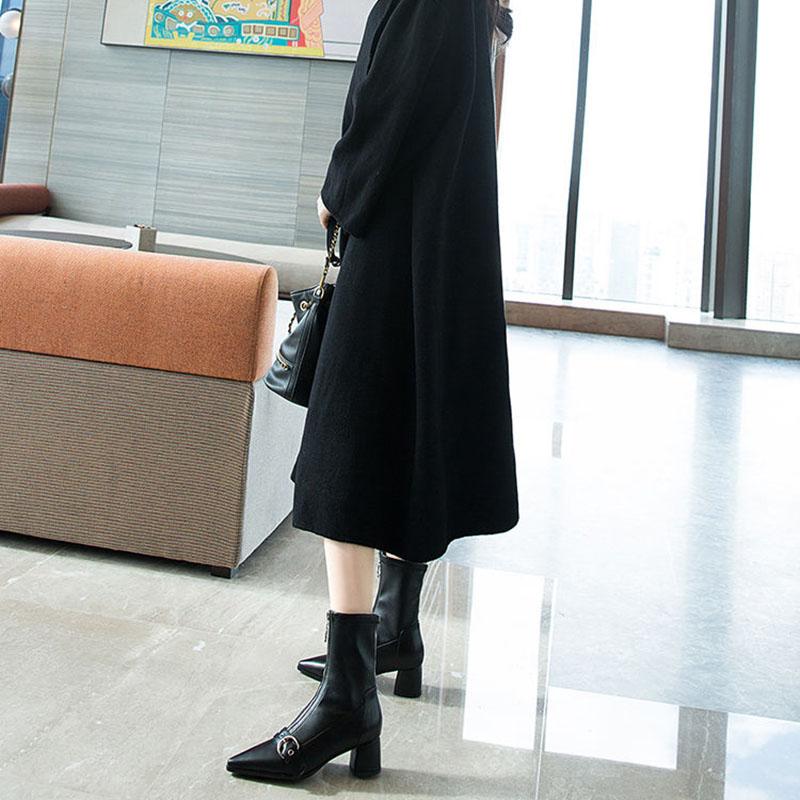Sexy Elastic High Boots Pointed Toe Boots Zipper Chunky Heel Leather Knee-high Boots Winter