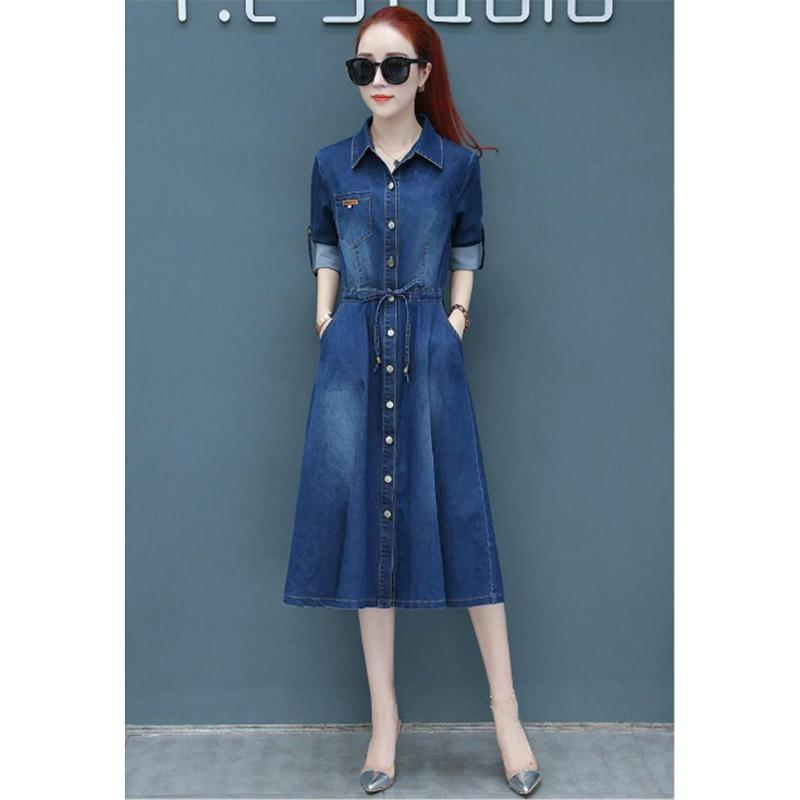 Denim Dress Women's Spring and Autumn Waist Tightening Long-sleeved Mid-length A-line Dress