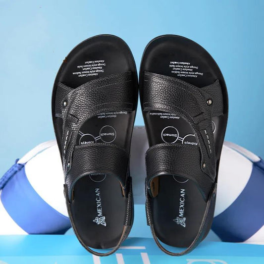 Men's Top Layer Leather Sandals Leather Summer Breathable Sandals Non-slip Men's Beach Shoes