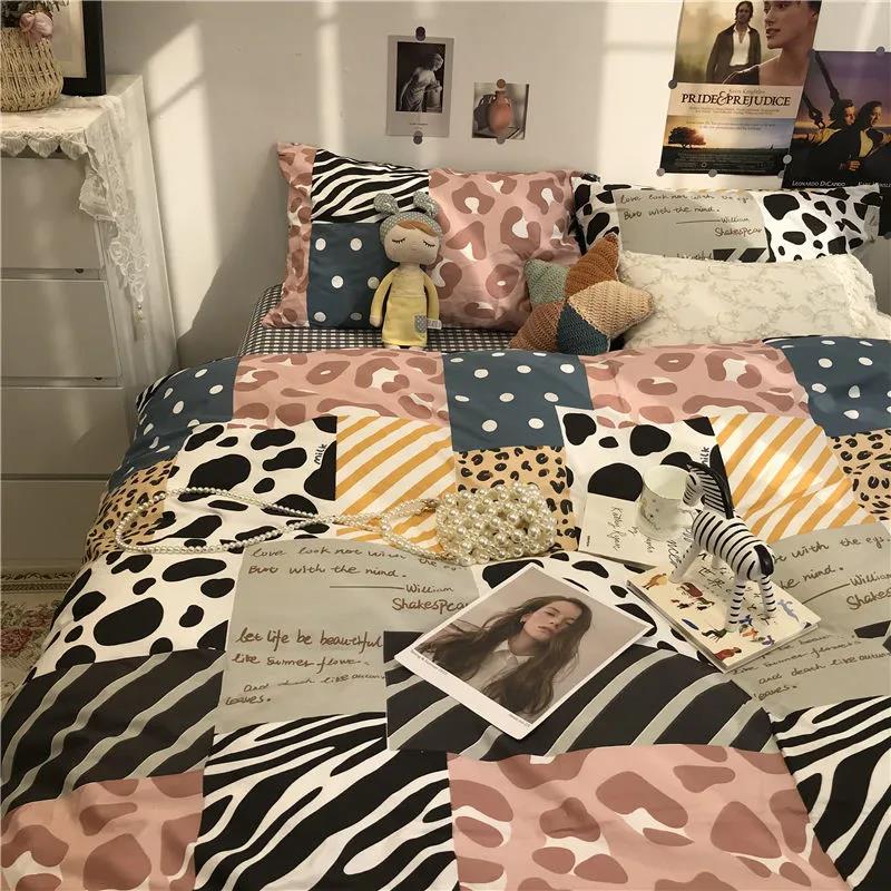 Washed Cotton Four-piece Duvet Cover Sheets Fashion Printed Bedding Student Dormitory Single Bed Sheet Sheets