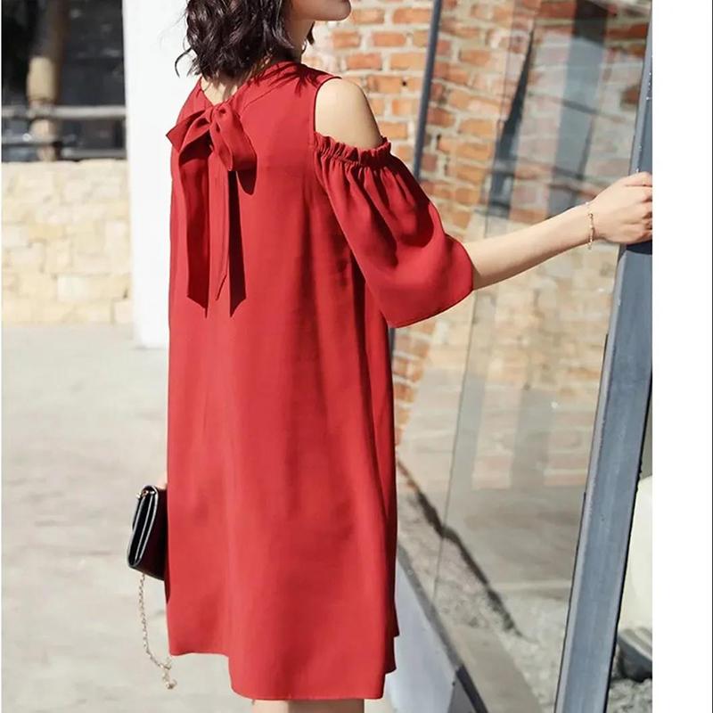 Summer Loose Strapless Bowknot Dress Loose and Thin Skirt Women's Mid-length Round Neck Strapless Simple Loose Dress Casual and Comfortable